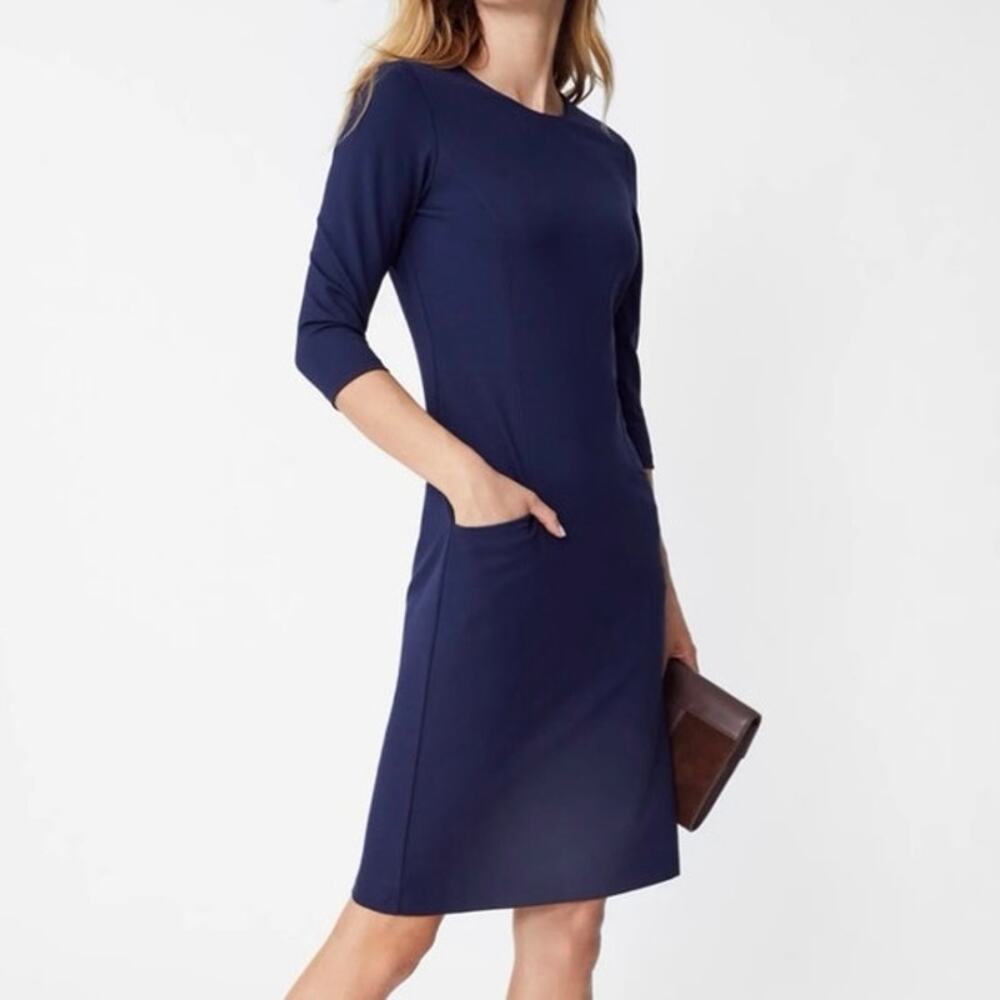 J. McLaughlin Catalyst Dress Winter Navy Blue 3/4 Sleeve Midi Shift Dress Size M